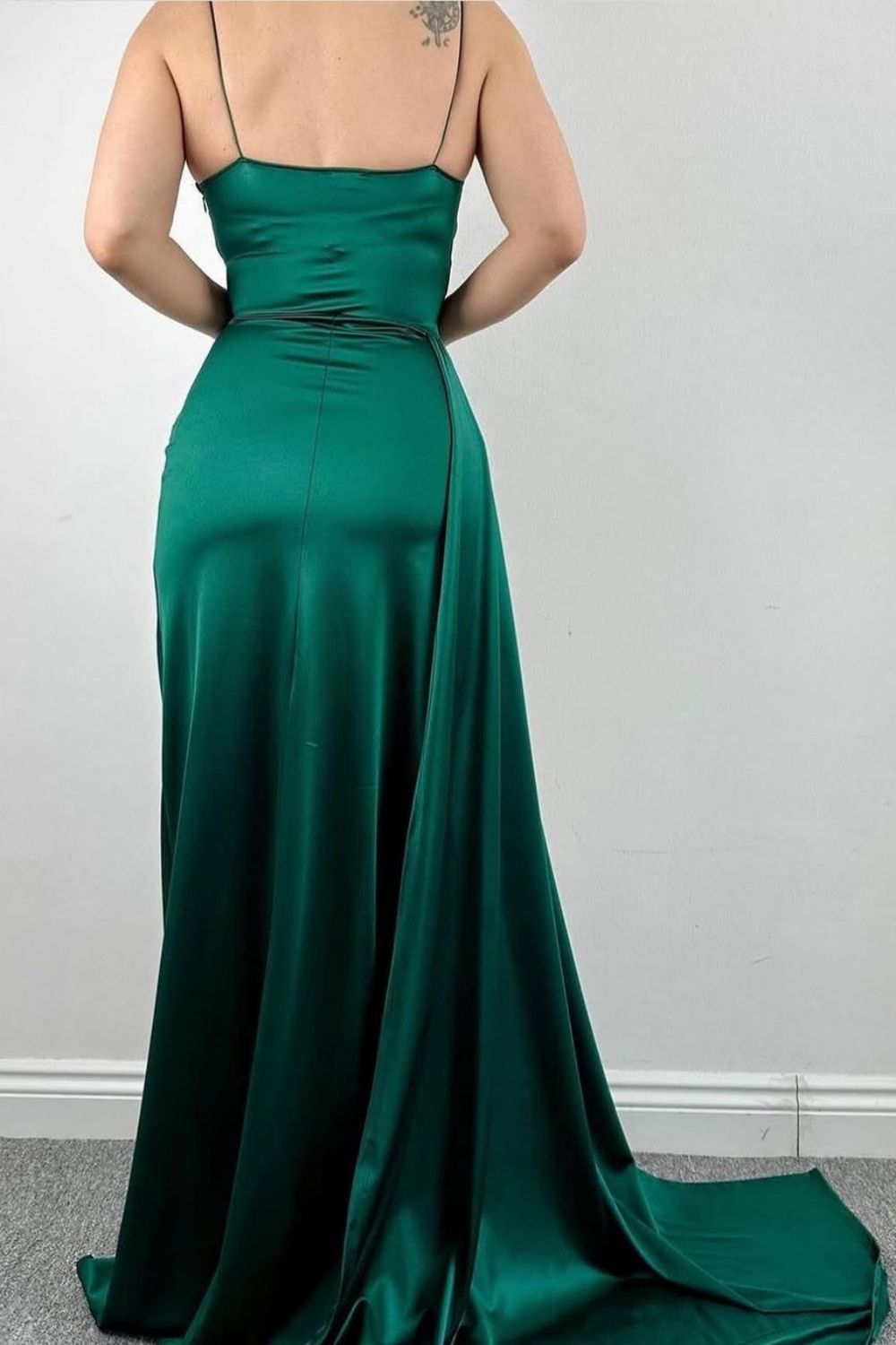 Stylish Mermaid Spaghetti Straps Long Pleated Satin Formal Dress with Slit