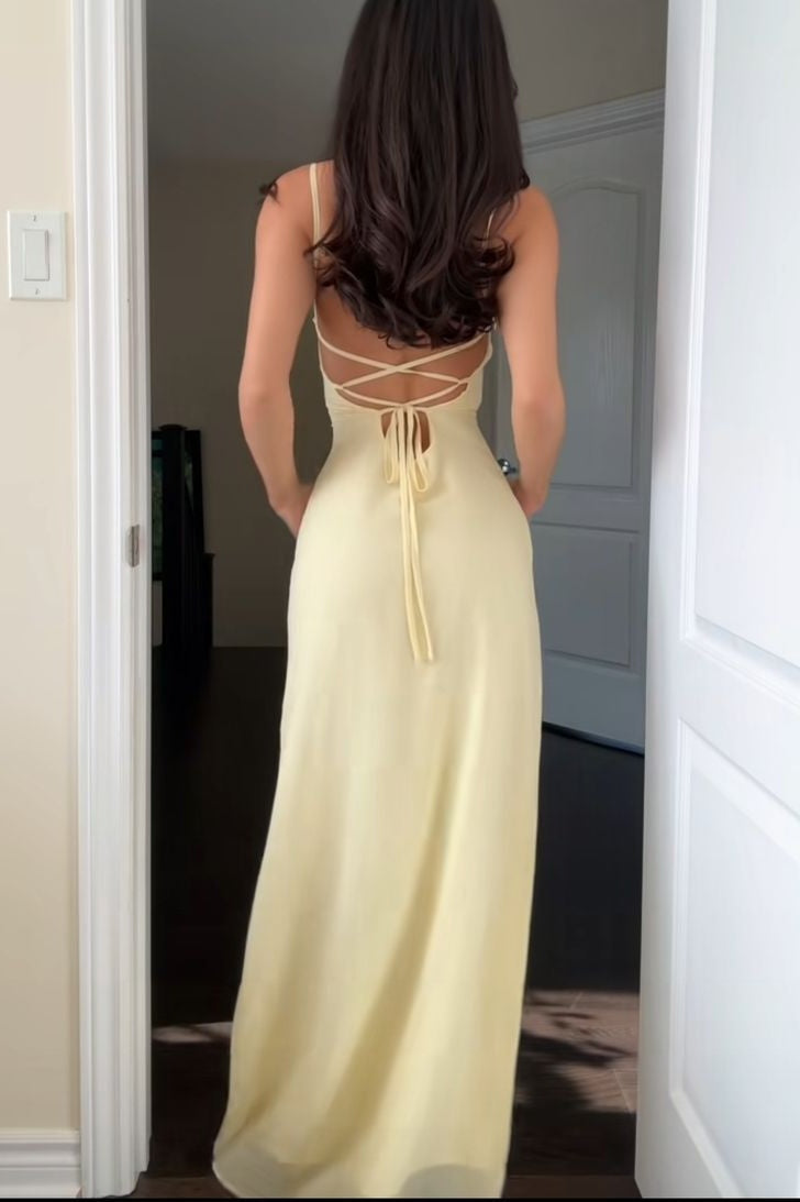 Stylish Mermaid Spaghetti Straps Yellow Long Prom Dress with Criss Cross Back