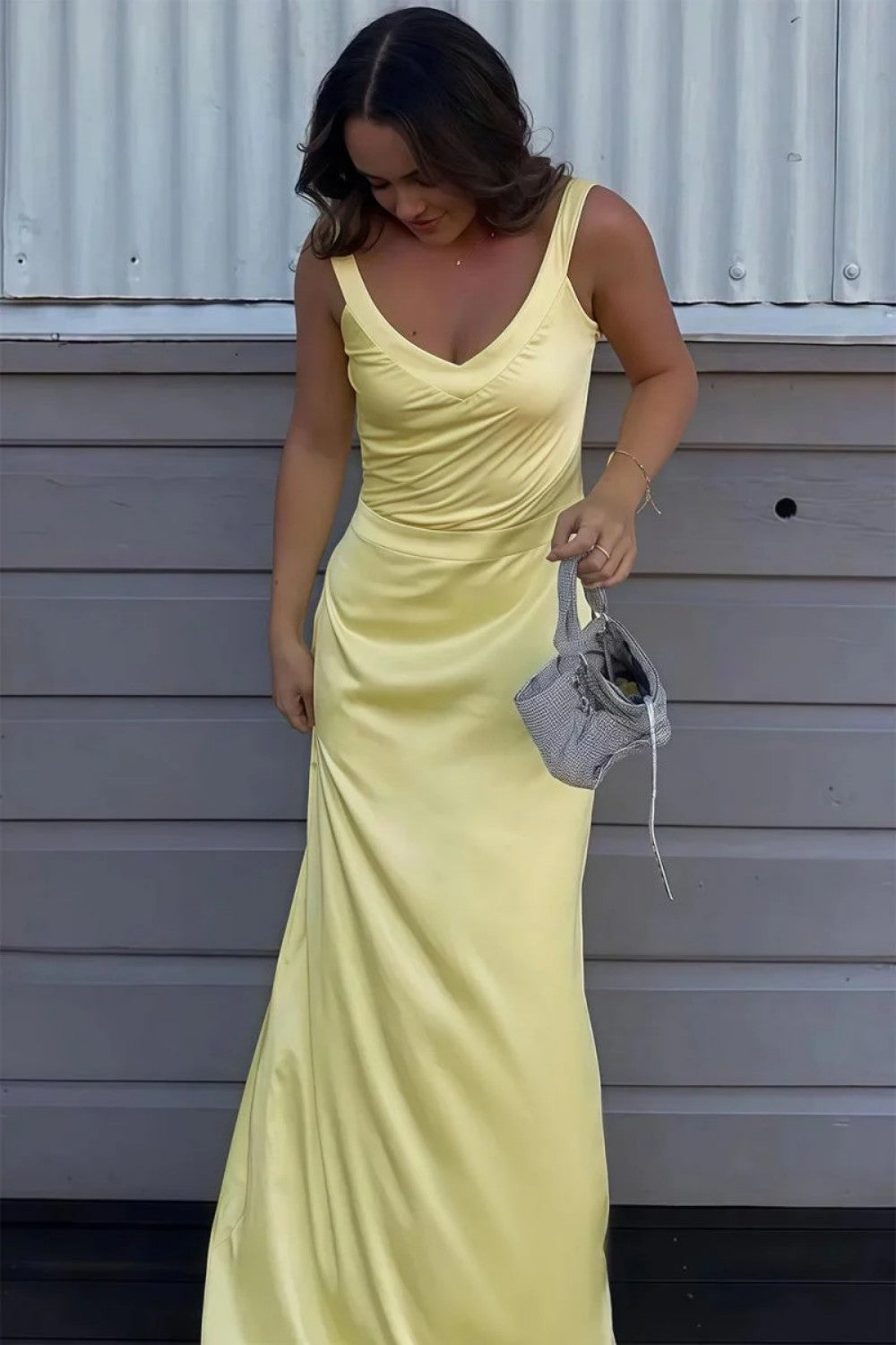 Stylish Mermaid V Neck Yellow Long Prom Dress with Criss Cross Back