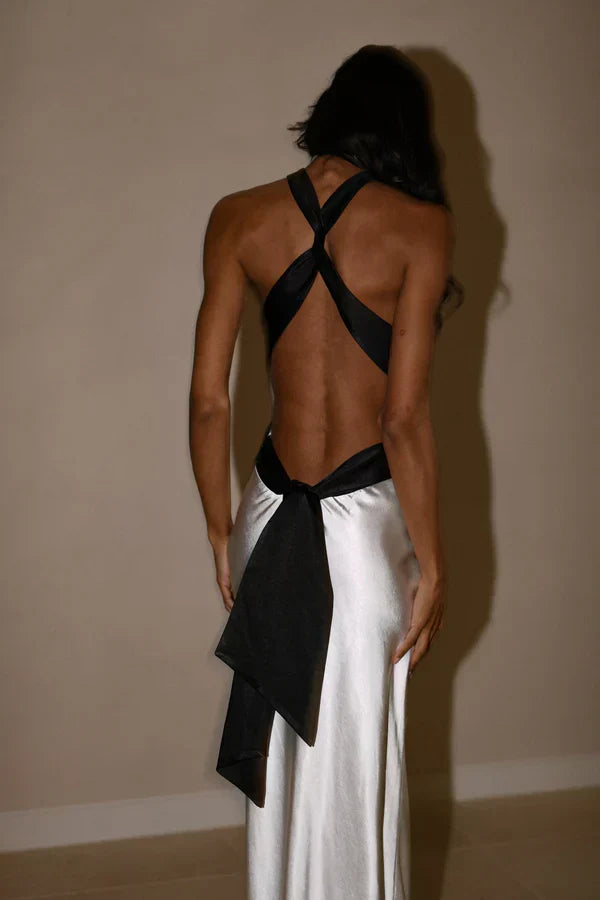 Stylish Sheath Halter Neck White Long Party Dress with Open Back