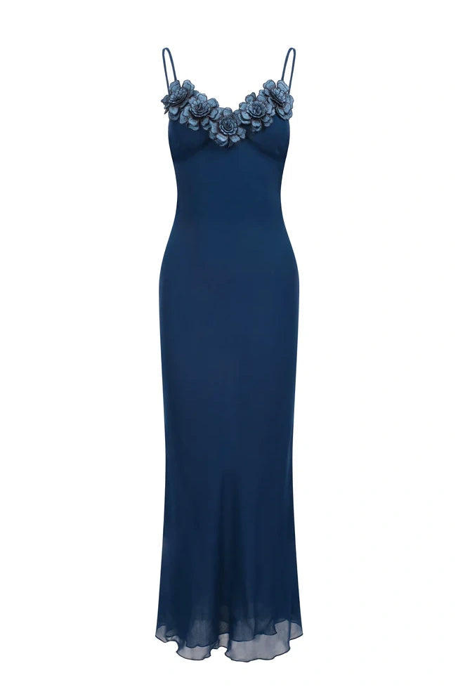 Chic Sheath Spaghetti Straps Navy Blue Long Party Dress with Flowers