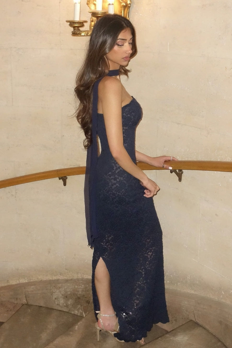 Chic Sheath Strapless Navy Blue Lace Party Dress with Scarf Slit