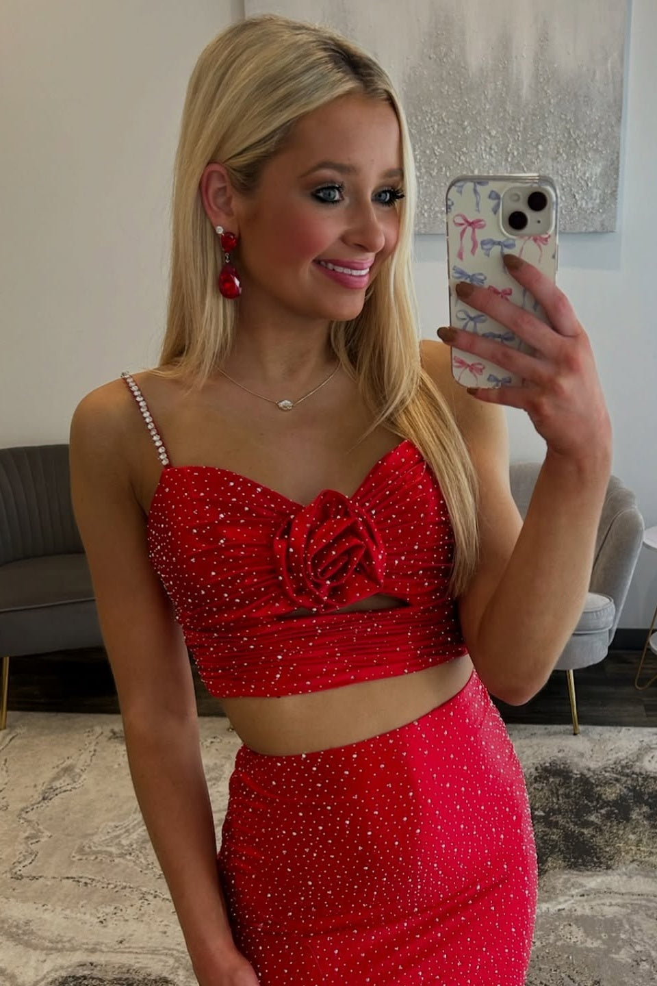 Stylish Two Piece Spaghetti Straps Red Long Prom Dress with Beading