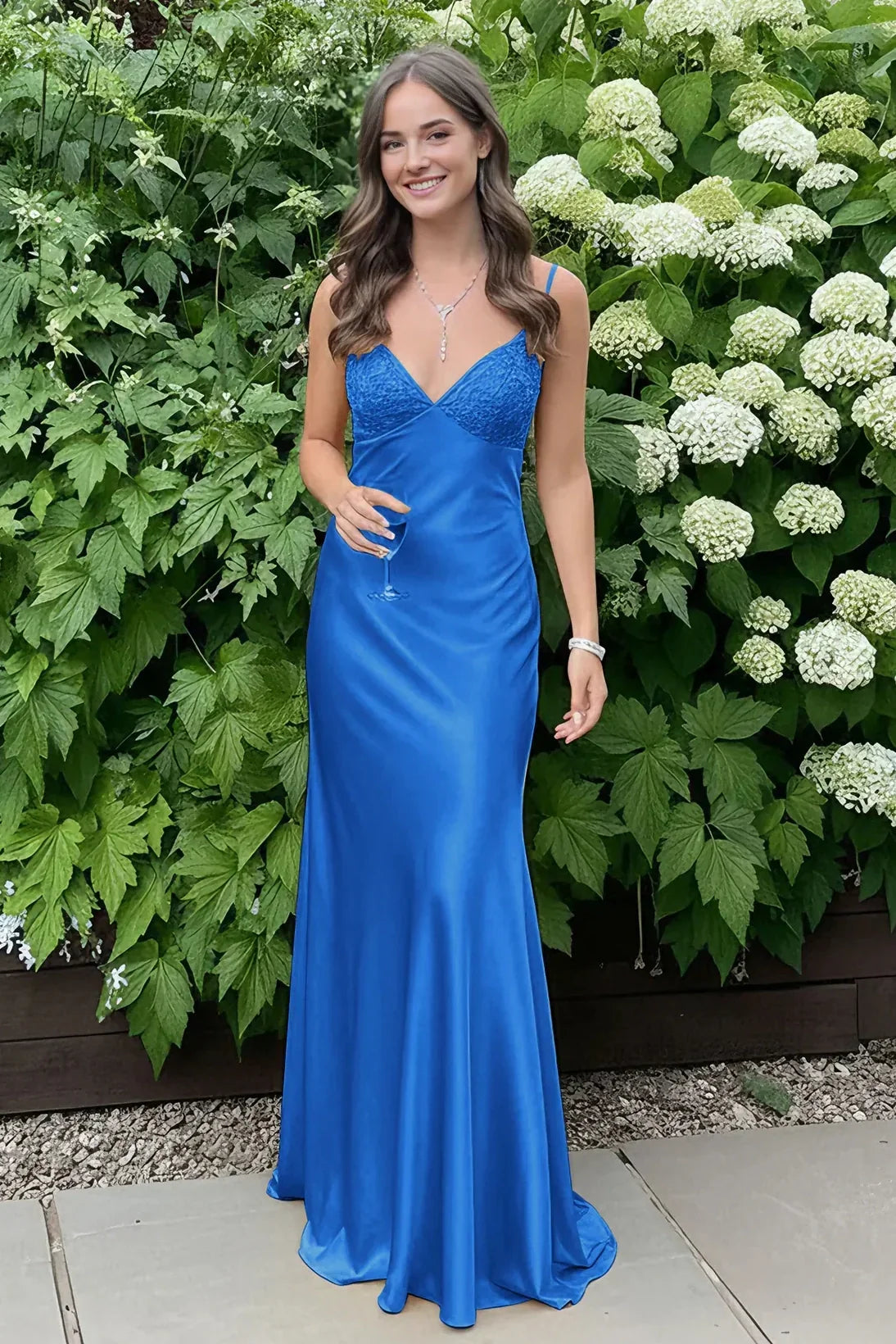 Stylish Sheath Spaghetti Straps Blue Long Prom Dress with Backless