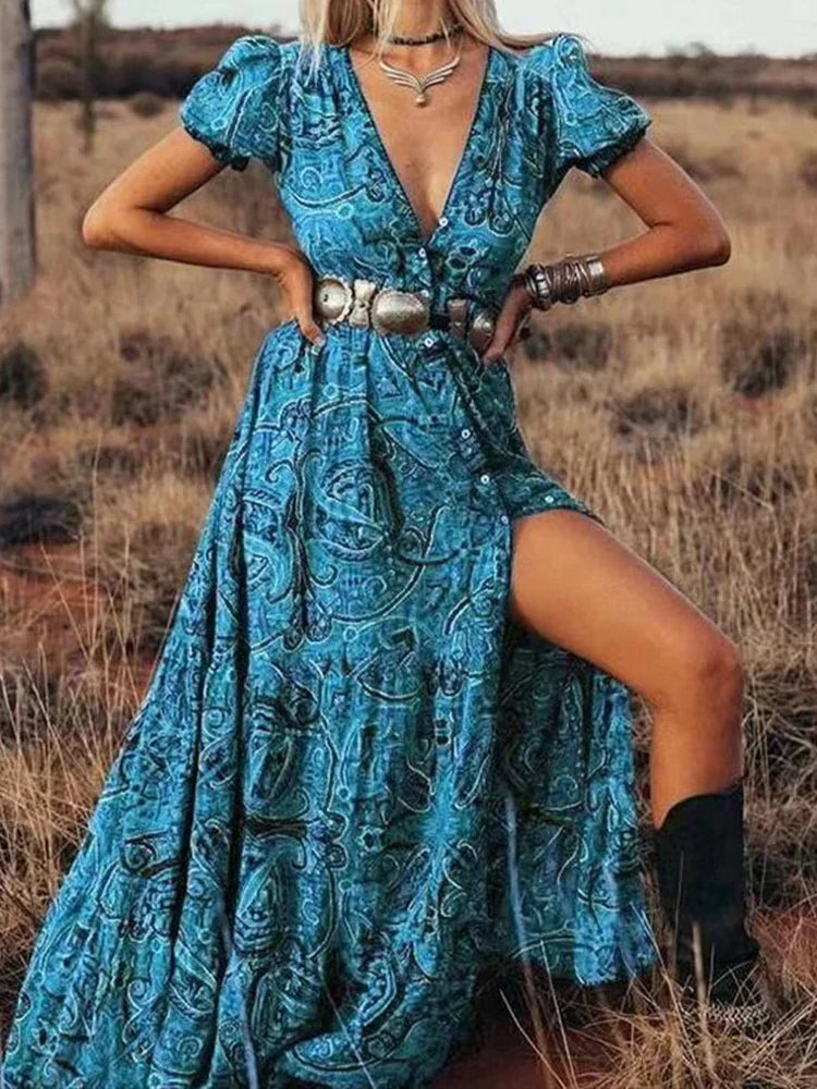 Graceful HighWaist Bohemian Floral Print Maxi Boho Dress
