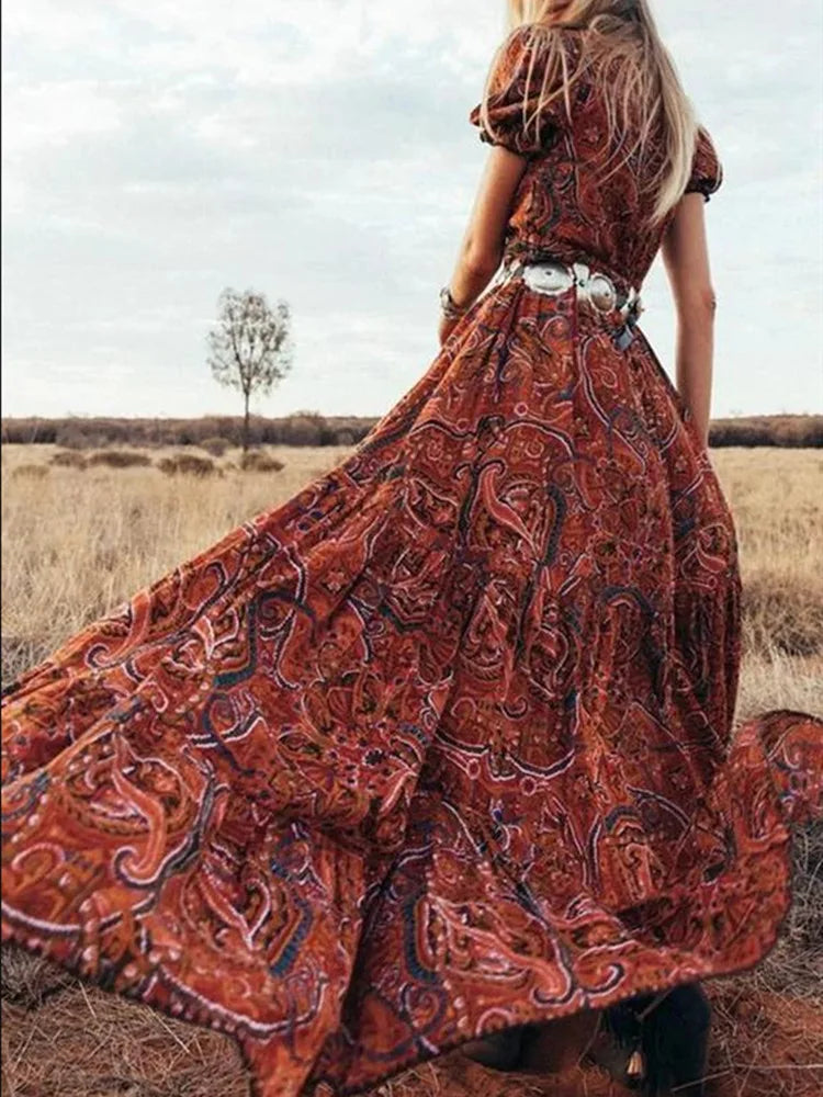 Graceful HighWaist Bohemian Floral Print Maxi Boho Dress