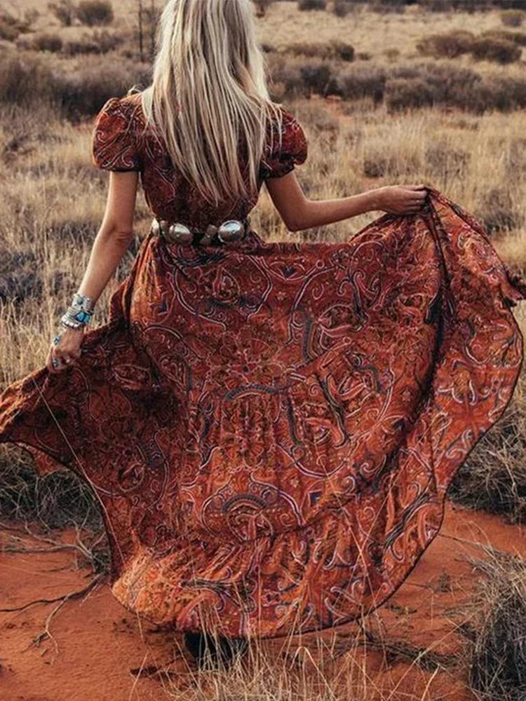 Graceful HighWaist Bohemian Floral Print Maxi Boho Dress