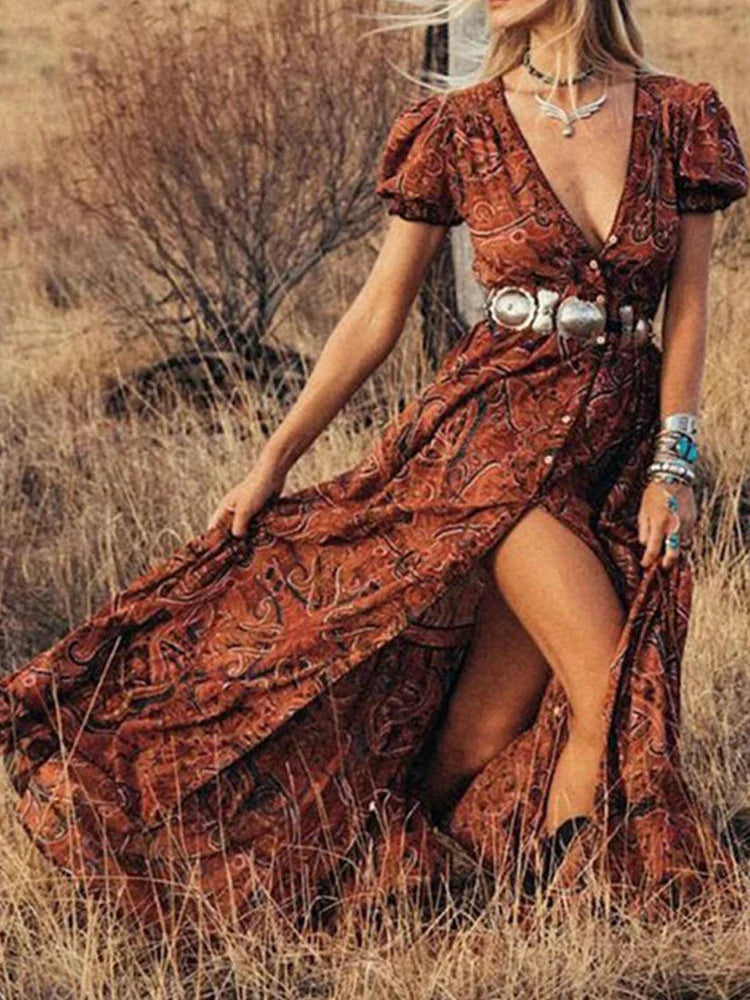 Graceful HighWaist Bohemian Floral Print Maxi Boho Dress