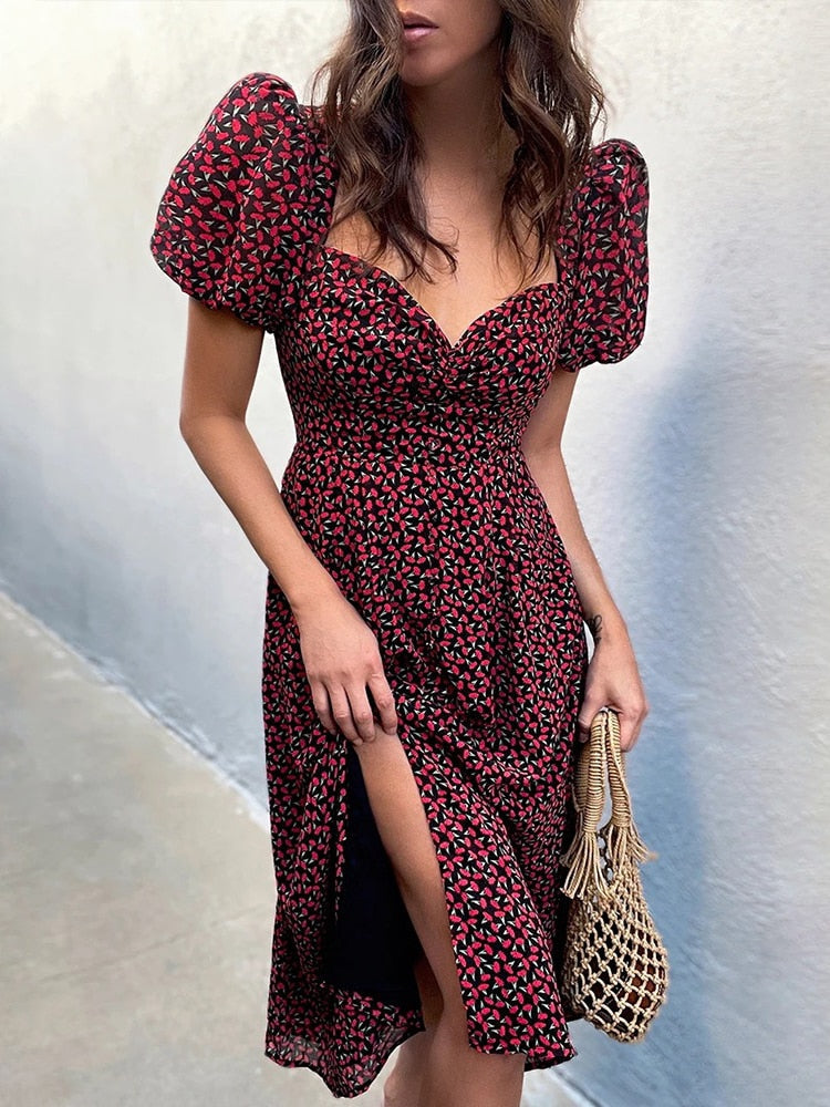 Midi Dress Vintage Floral Print Split Blue Sundress Elegant Party Beach Dress