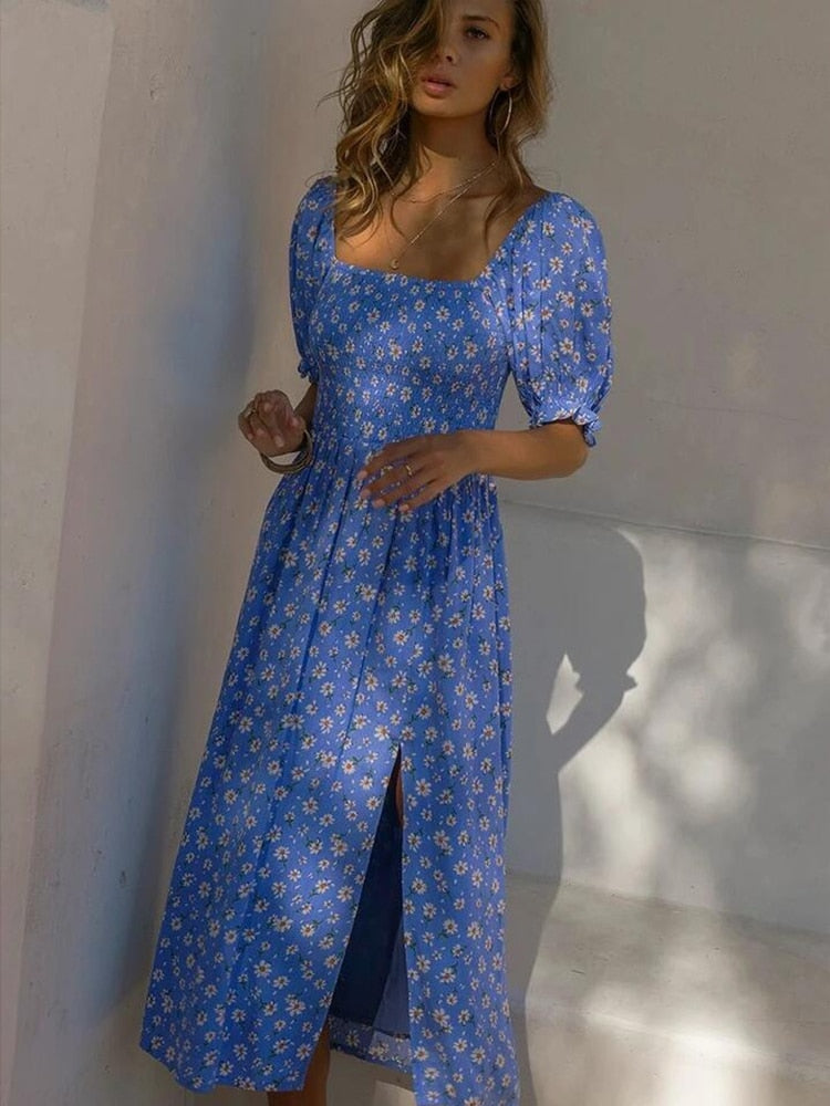 Midi Dress Vintage Floral Print Split Blue Sundress Elegant Party Beach Dress