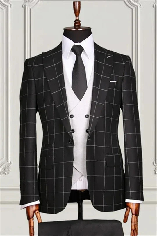 Suzhoufashion Black Plaid Fitting Peaked Lapel Men Suits For Business