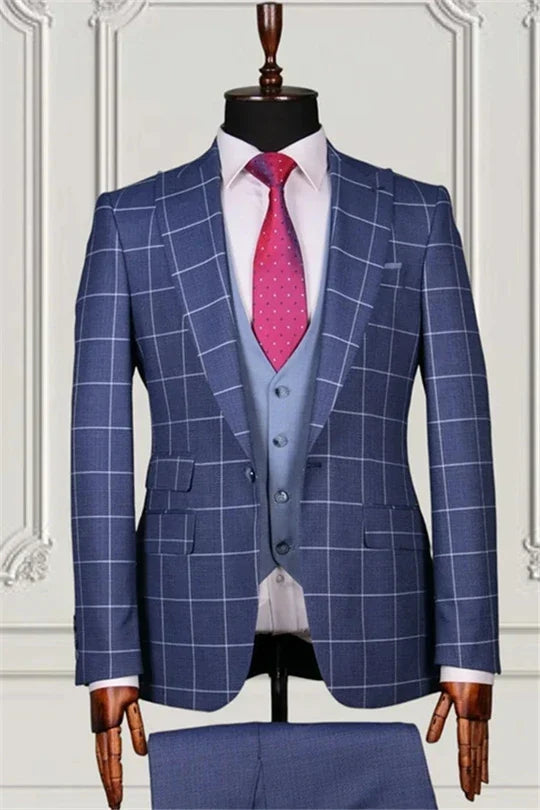 Suzhoufashion Blue Plaid Three Pieces Slim Fit Bespoke Men Suits