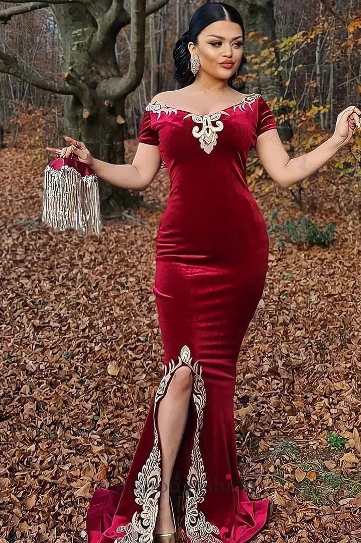 Suzhoufashion Burgundy Velvet Christmas Party Dress Appliques Short Sleeve Formal Dress