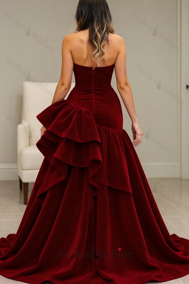 Suzhoufashion Burgundy Velvet Dress High Low Halter Neck Ruffled Formal Evening Dress