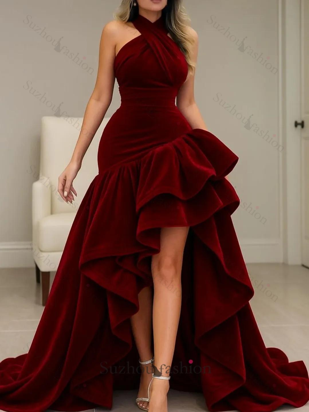 Suzhoufashion Burgundy Velvet Dress High Low Halter Neck Ruffled Formal Evening Dress