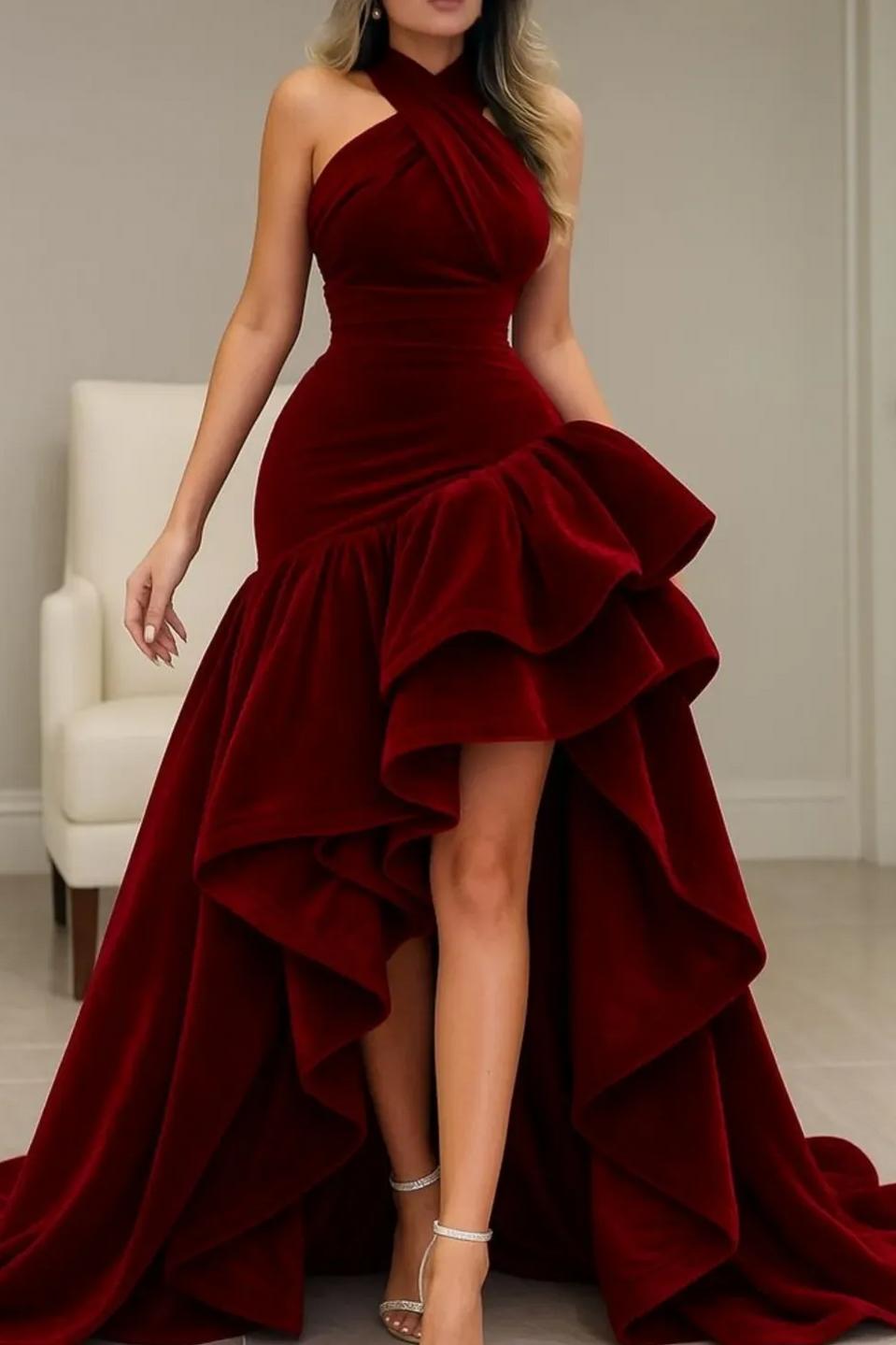 Suzhoufashion Burgundy Velvet Dress High Low Halter Neck Ruffled Formal Evening Dress