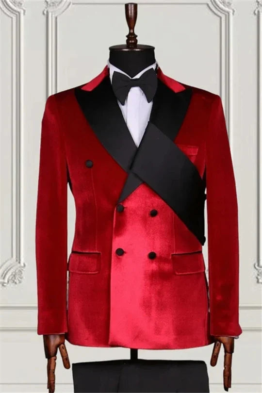 Suzhoufashion Modern Red Velvet Double Breasted Peaked Lapel Men Suits