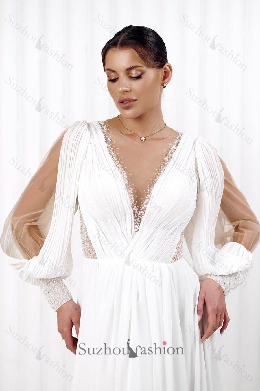 Suzhoufashion Simple Long Sleeve Beach Wedding Dress Chiffon A Line Boho Bridal Gown