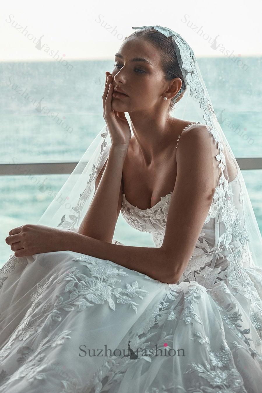 Suzhoufashion Spaghetti Straps Wedding Dress A Line Bridal Gown with Beaded Lace Appliques