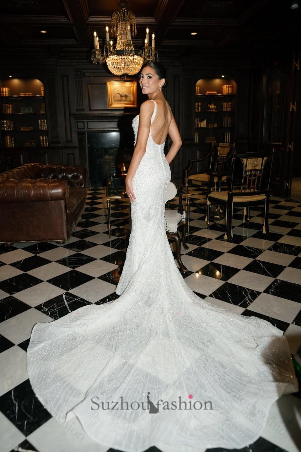 Suzhoufashion Spaghetti Straps Wedding Dress Mermaid Sleeveless Backless Beaded Bridal Dress