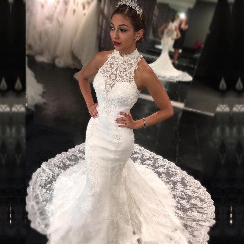 Sweep Train High Neck Bride Dress Retro Lace Sleeveless Mermaid Newest Beach Wedding Dress BA7636