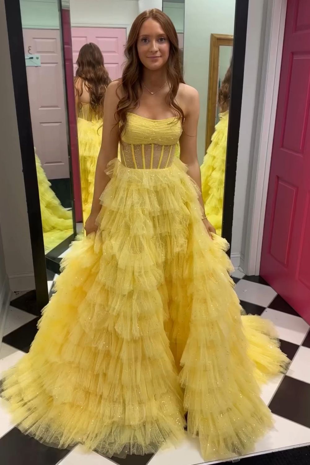 Sweet A-Line Strapless Long Tiered Glitter Tulle Prom Dress