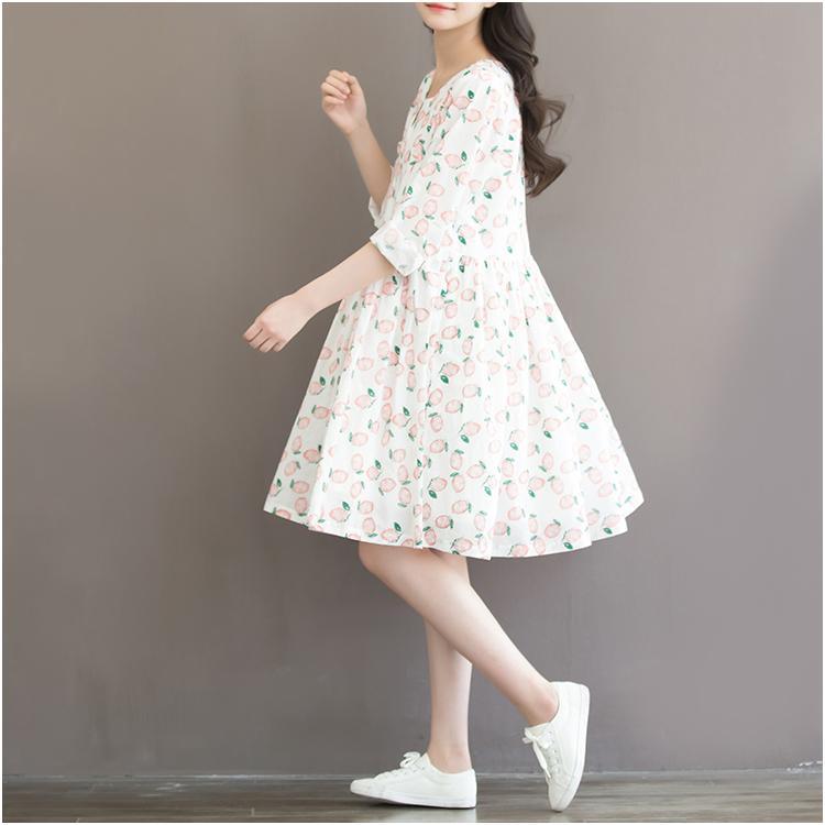 Sweet peach print cotton dress loose casual style traveling dresses