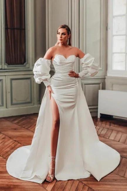 Sweetheart A-Line Split Front Stain Long Sleeve Wedding Dresses with Ruffles (ZD15727)