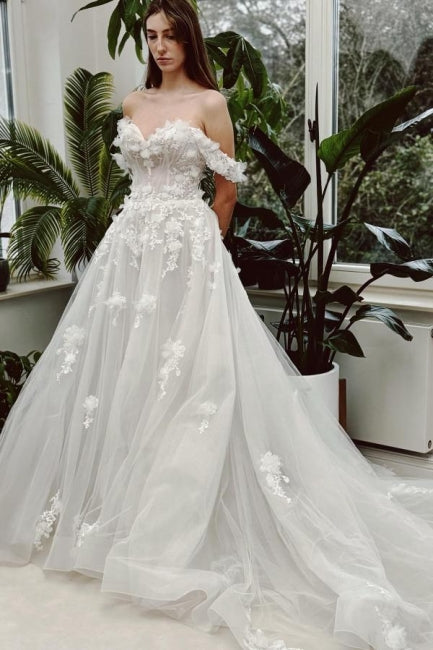 Sweetheart Beach Wedding Dress Long Ivory A Line Off The Shoulder Lace Sleeveless Bridal Gown