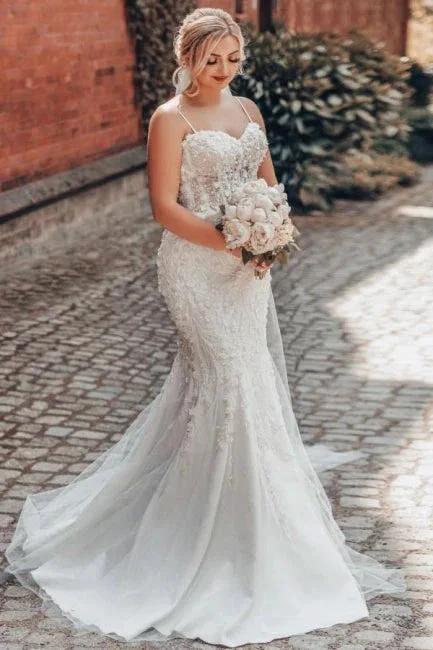 Sweetheart Charming Tulle Mermaid Spaghetti Straps Wedding Dresses with Appliques (ZD15719)