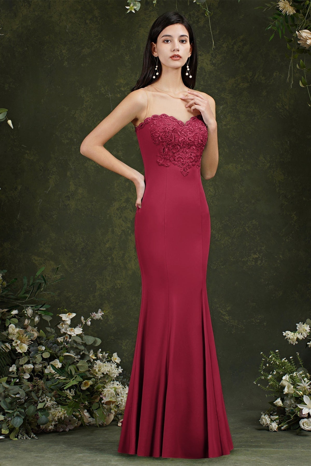 Sweetheart Floral Lace Tulle Mermaid Long Formal Dress