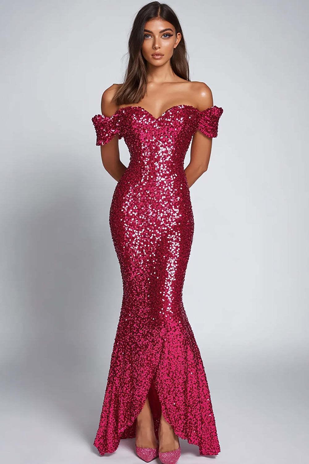 Sweetheart Fuchsia Wedding Guest Dress Sequins Long Formal Dress
