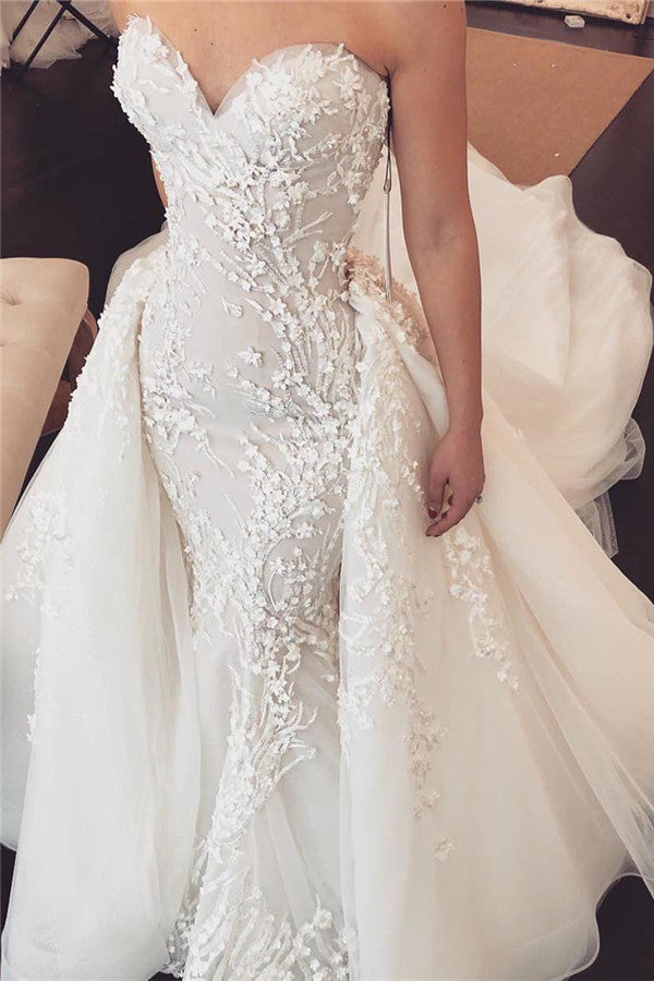 Sweetheart Lace Appliques Overskirt Wedding Dresses  | Tulle Chapel Train Sexy Bridal Gowns