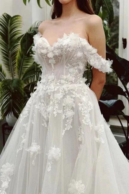 Sweetheart Long Ivory A-line Off-the-shoulder Lace Sleeveless Wedding Dress (ZD15570)