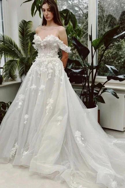 Sweetheart Long Ivory A-line Off-the-shoulder Lace Sleeveless Wedding Dress (ZD15570)