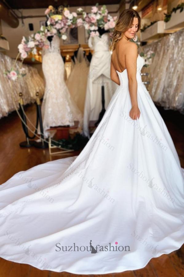 Sweetheart Long White Wedding Dress Strapless A Line Satin Bridal Gown With Pockets