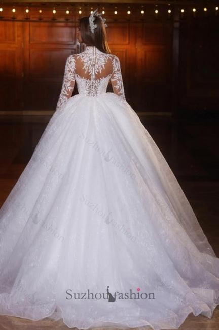 Sweetheart Wedding Dress Lace Ball Gown Long Sleeves High Neck Beaded Tulle Bridal Gown With Appliques