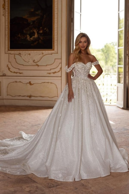 Sweetheart Wedding Dress Off The Shoulder Sequined Lace Ball Gown Bridal Gown With Rhinestone And Handmake Flowers
