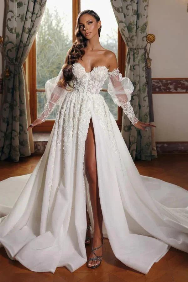Off-the-Shoulder A-Line Long Sleeves Tulle Lace Wedding Dresses With Split (ZD14472)