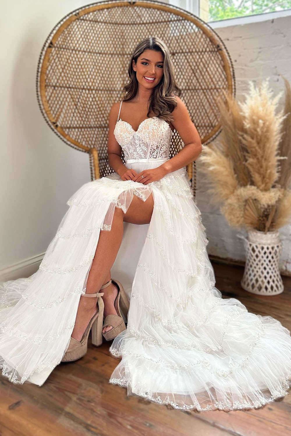 Cute A-Line Spaghetti Straps Long Tiered Glitter Prom Dress With Split - FashionDia