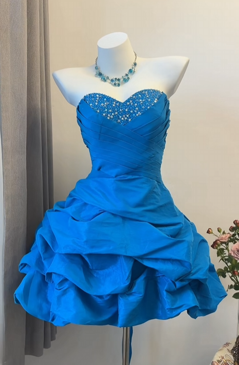 Sweetheart A-Line Blue Retro Birthday Dress Beaded Homecoming Dress