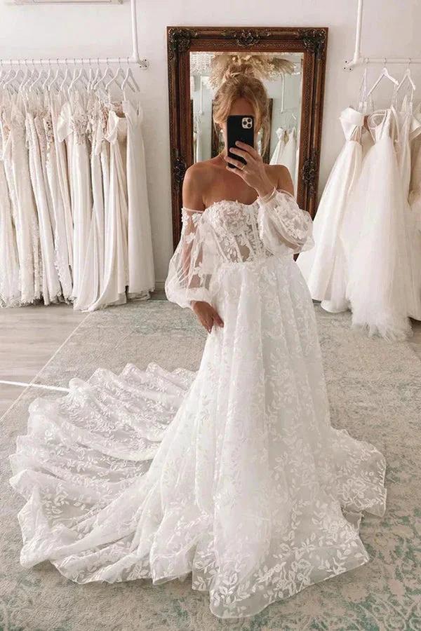 Sweetheart Ball Gown Lace Wedding Dress With Detachable Puff Sleeves (ZD16175)