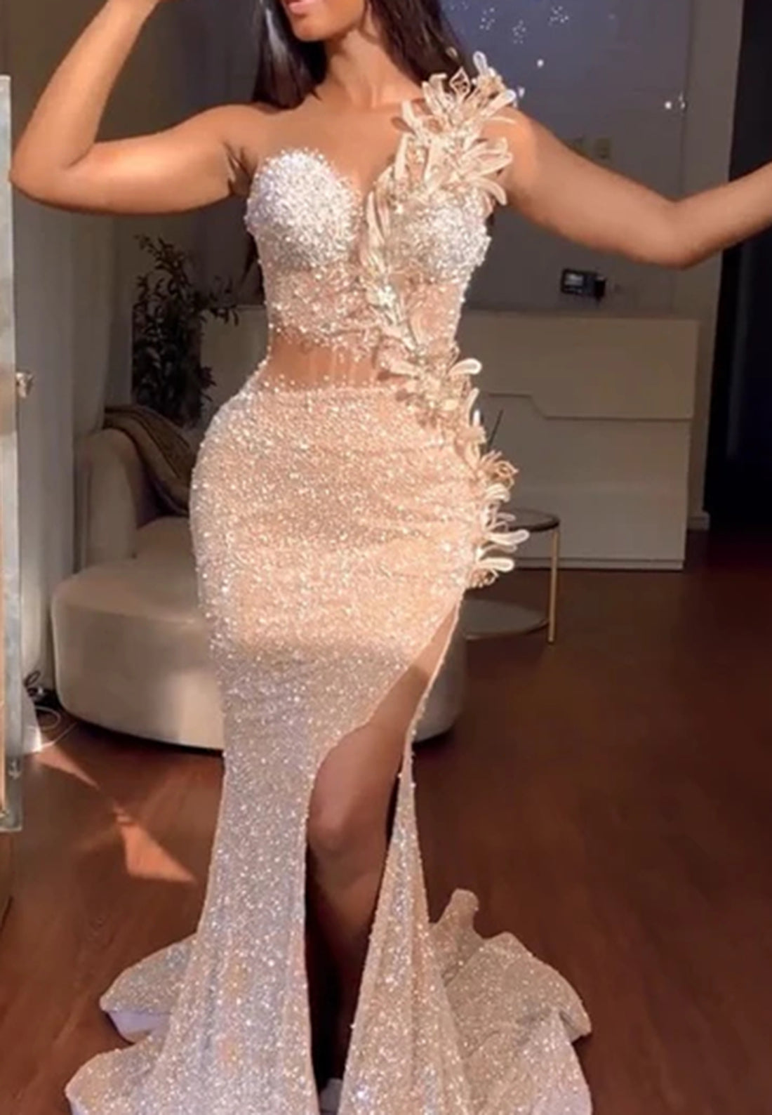 Sweetheart Beaded Floral Embellished Sequins Sheath Prom Dress