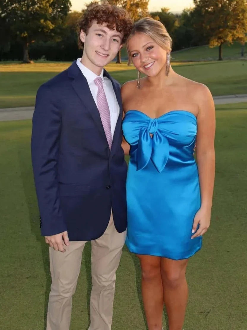 Sweetheart Blue Sheath Satin Mini Homecoming Dress