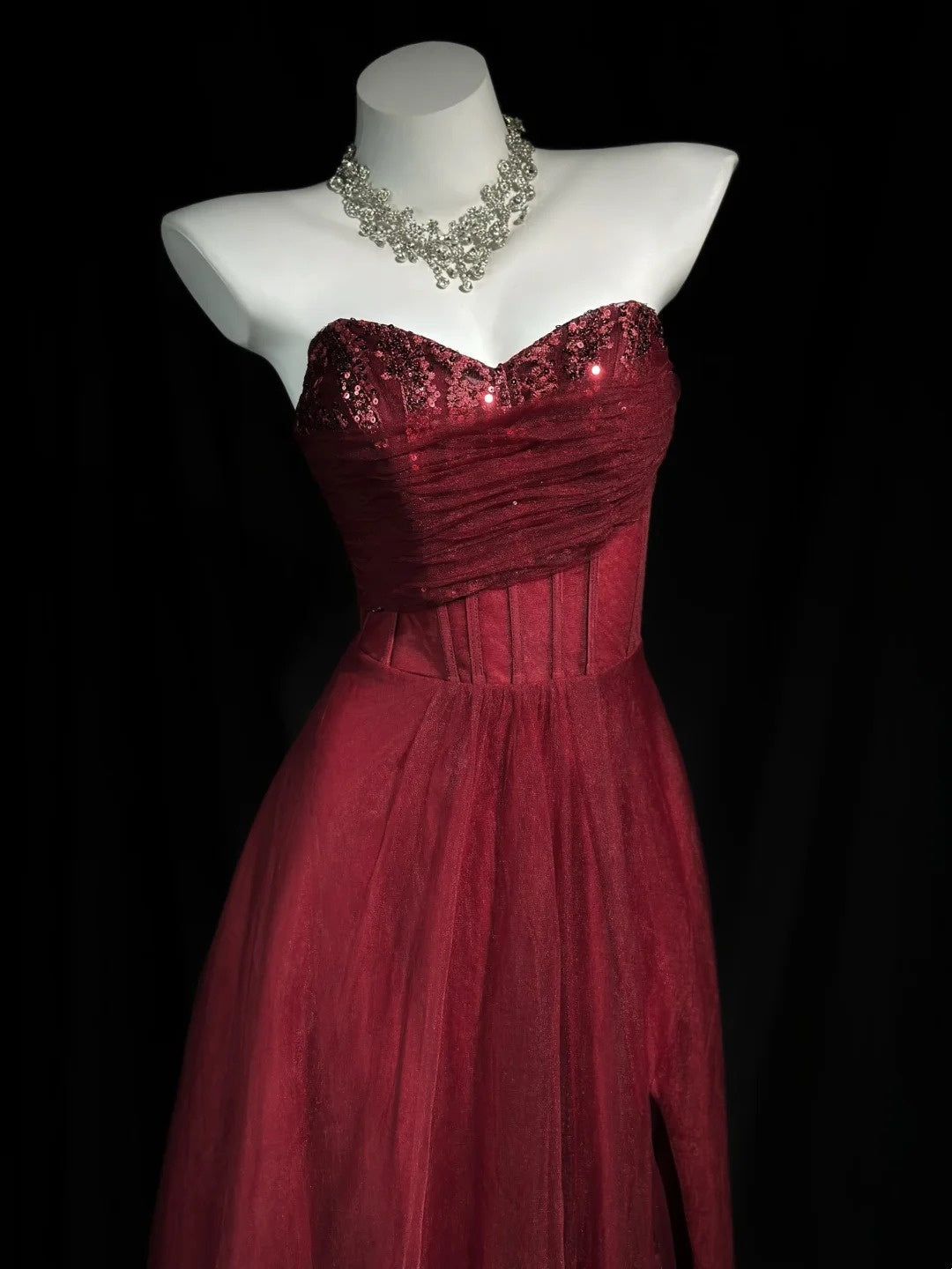 Sweetheart Burgundy Tulle Prom Dress A-Line Formal Evening Dress