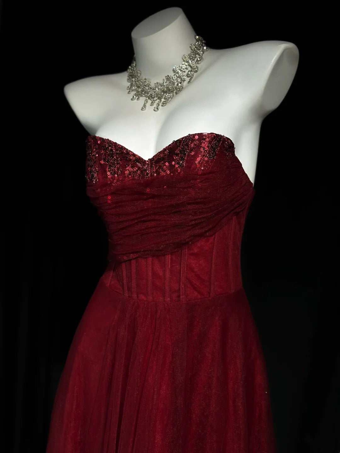 Sweetheart Burgundy Tulle Prom Dress A-Line Formal Evening Dress