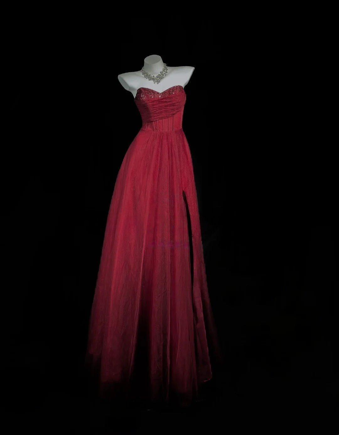Sweetheart Burgundy Tulle Prom Dress A-Line Formal Evening Dress