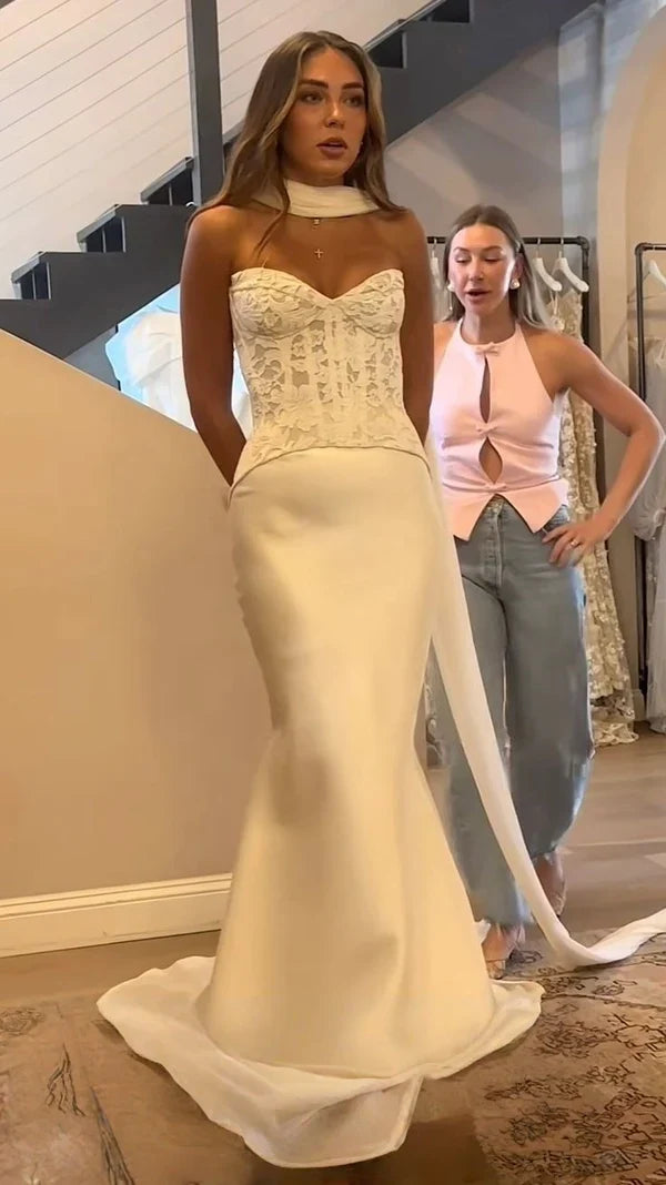 Sweetheart Lace Mermaid Wedding Dresses Satin Bridal Party Dress