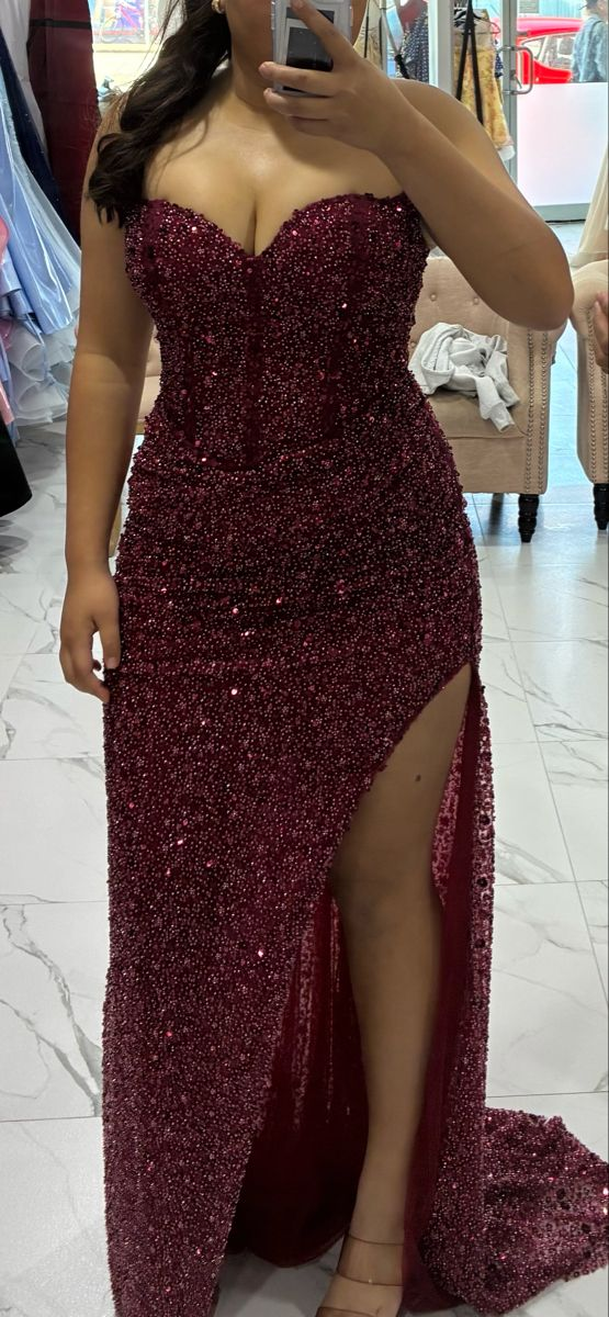 Sweetheart Mermaid Burgundy Prom Dress With Slit