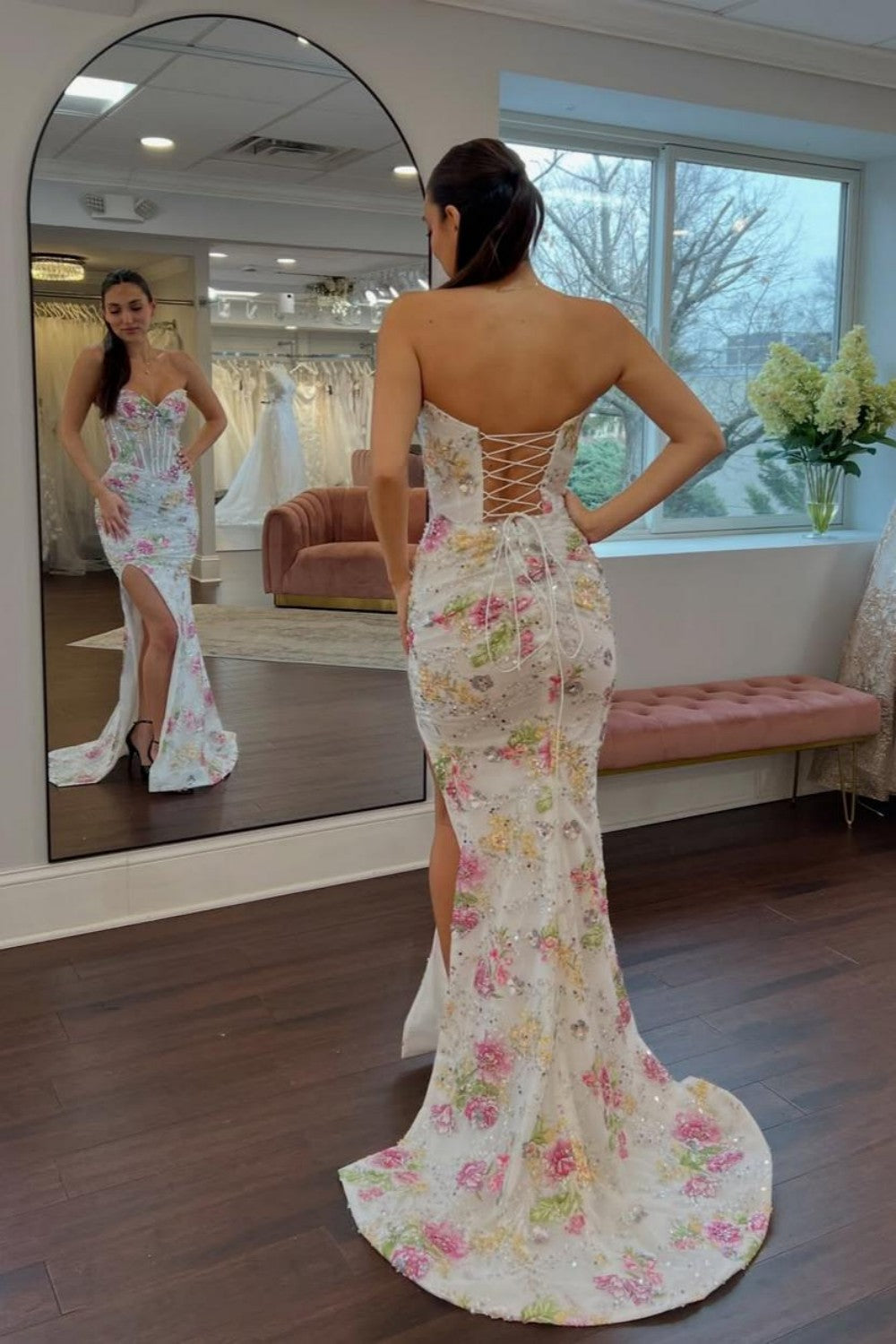 Stunning Sweetheart Mermaid Floral Beaded Corset Prom Dress with High Slit